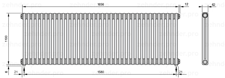 Схема (чертеж) Радиатор Zehnder Charleston 2110/36 №3570 Белый глянцевый RAL 9016